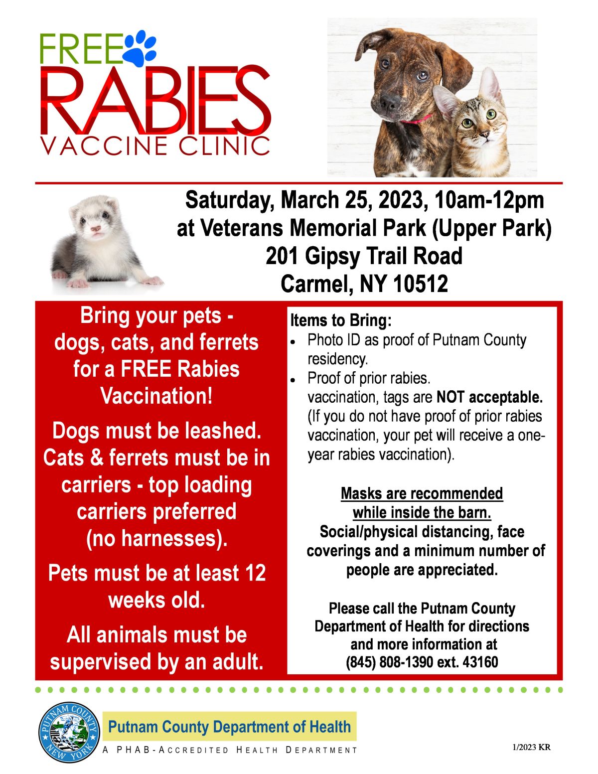 PCDOH Schedules Free Rabies Vaccination Clinic Putnam County, New York